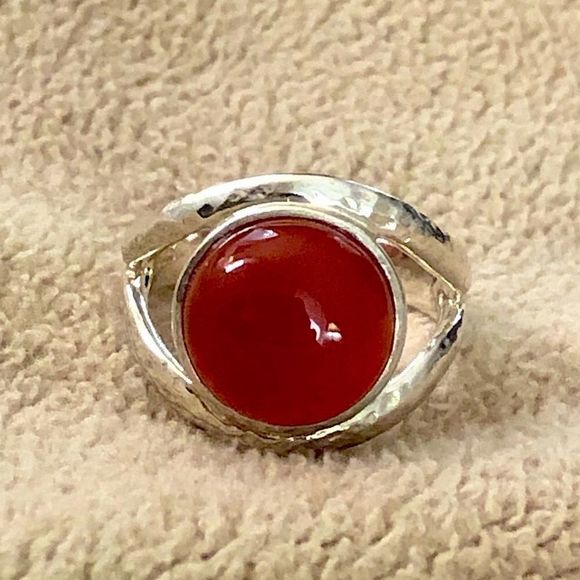 Carnelian Cabochon and Sterling Silver Statement Open Band Ring - Picture 1 of 10